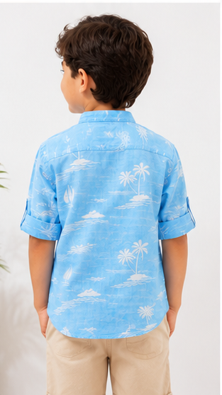 Boys Sky Blue Tropical Print Cotton Short Kurta Shirt – Summer Casual Kidswear