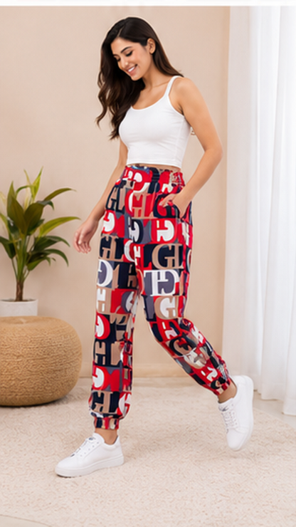 Women Red Printed Joggers – Stylish Typography Casual Lounge & Streetwear Pants