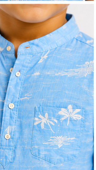 Boys Sky Blue Tropical Print Cotton Short Kurta Shirt – Summer Casual Kidswear