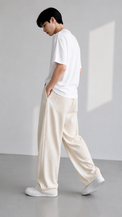 Horcun Men's Ivory Corduroy Drawstring Trousers | Premium Casual Pants
