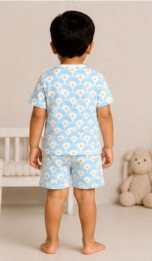 Sky Blue Scallop Print Kids Co-Ord Set | Soft Cotton Summer Outfit for Boys & Girls
