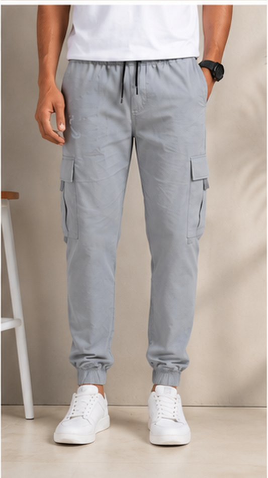 Light Grey Cargo Joggers for Men – Slim Fit Multi-Pocket Casual Streetwear Pants