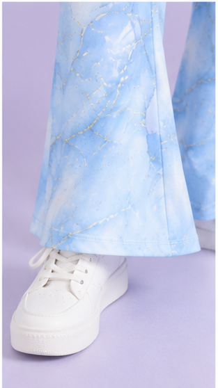 Girls Sky Blue Marble Co-Ord Set | Kids Crop Top & Bell Bottom Pants Outfit | Trendy Western Wear for Girls