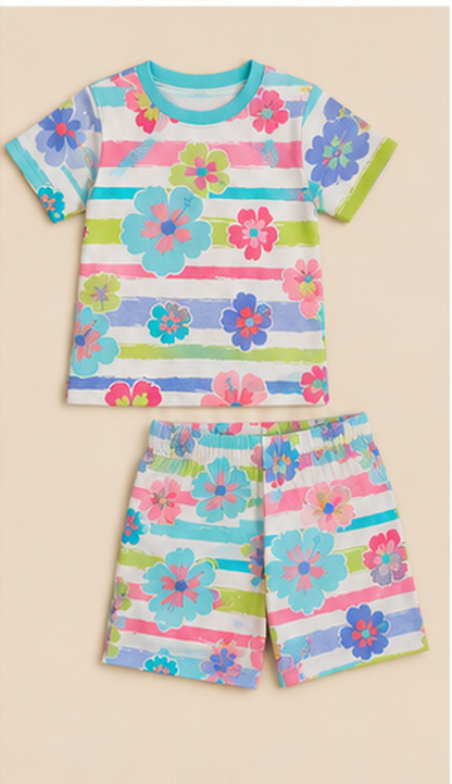 Floral Stripe Kids Co-Ord Set – Multicolor Flower Printed T-Shirt & Shorts for Girls