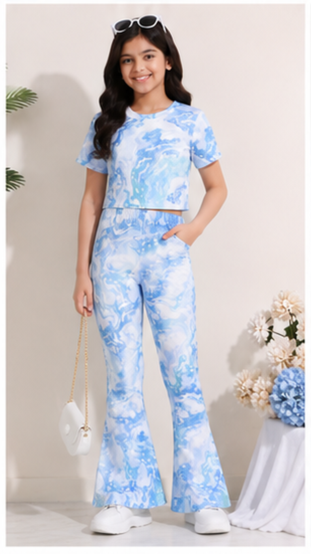 Girls Blue Tie Dye Co-Ord Set | Kids Crop Top & Bell Bottom Pants Outfit | Stylish Western Wear for Girls