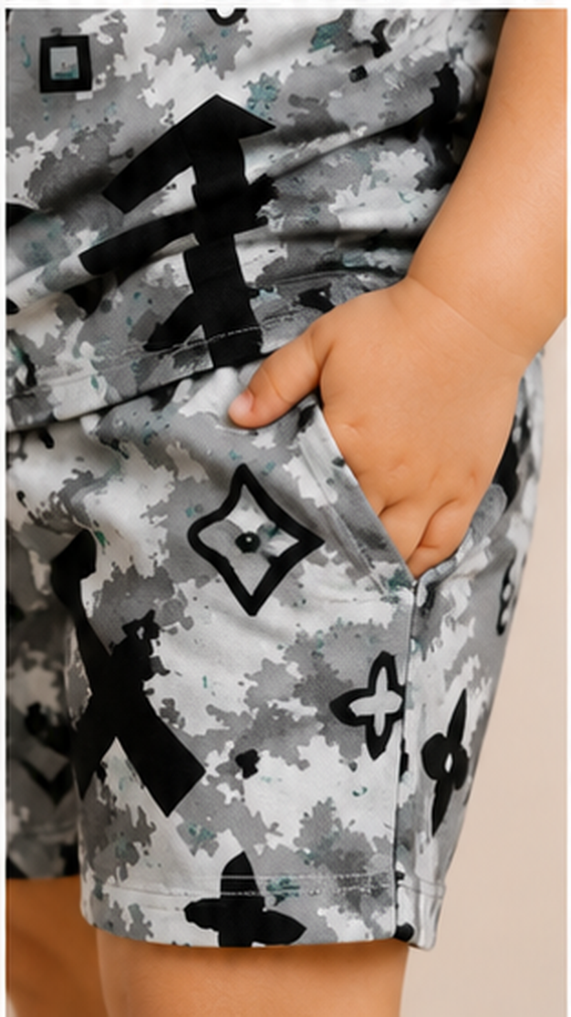 Grey Monogram Style Kids Co-Ord Set – Abstract Luxury Print T-Shirt & Shorts for Kids