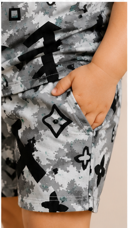 Grey Monogram Style Kids Co-Ord Set – Abstract Luxury Print T-Shirt & Shorts for Kids
