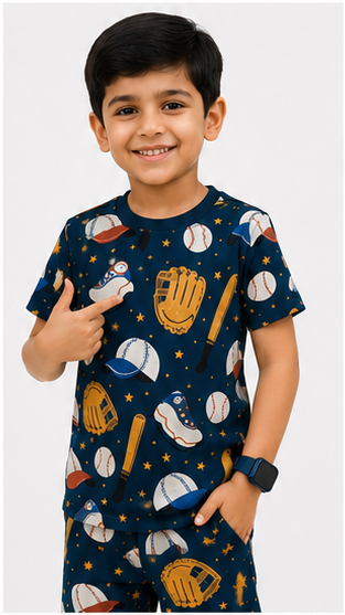 Baseball Sports Print Kids Co-Ord Set – Cotton T-Shirt & Shorts Summer Outfit for Boys