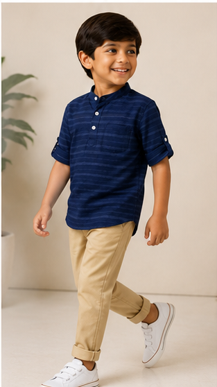 Boys Navy Blue Striped Mandarin Collar Shirt (Full Sleeve)