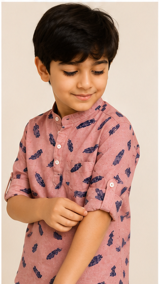 Boys Peach Feather Print Mandarin Collar Shirt (Full Sleeve)
