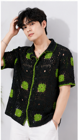 Men's Black & Olive Green Crochet Granny Square Shirt – Premium Handmade Resort Wear Knit Shirt