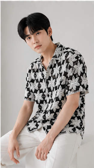 Men's Black & White Crochet Floral Knit Shirt – Handmade Luxury Resort Wear Shirt