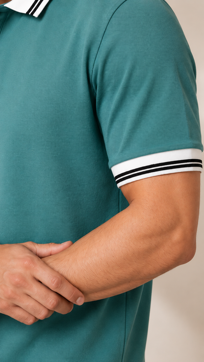 Men’s Premium Aqua Green Polo T-Shirt with White Contrast Collar & Sleeve Stripes