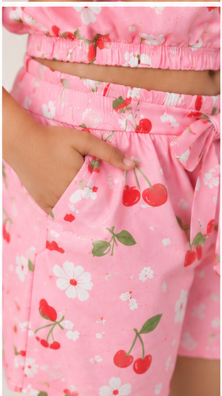 Girls Pink Cherry Print Off-Shoulder Co-ord Set with Tie-Up Shorts