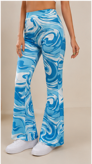 Women Blue Marble Print Flared Pants – Stylish High Waist Casual & Streetwear Trousers