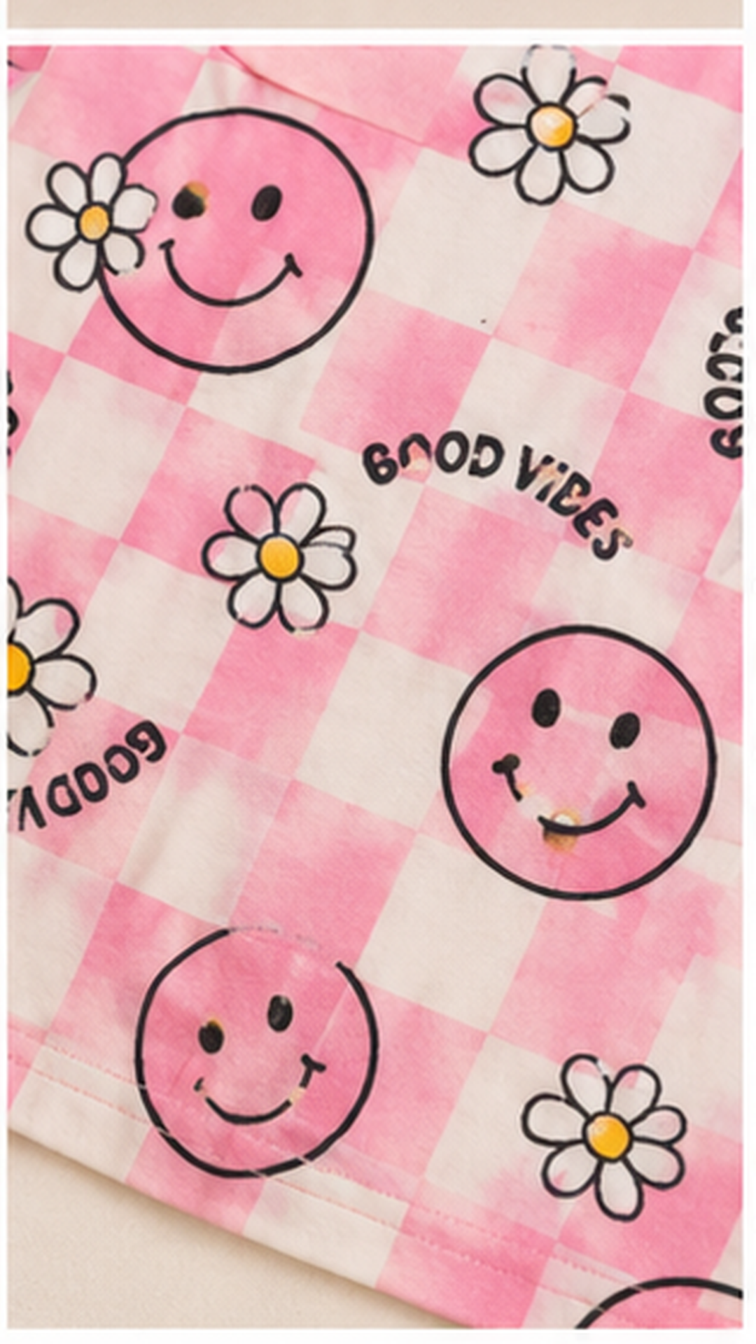 Pink Smiley Checkered Kids Co-Ord Set – Cute Daisy Print T-Shirt & Shorts for Girls