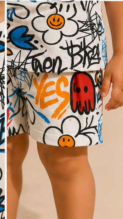 Urban Graffiti Print Kids Co-Ord Set – Trendy Cotton T-Shirt & Shorts for Girls