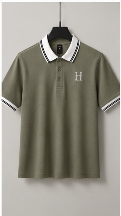 Men's Premium Olive Green Polo T-Shirt with White Contrast Collar | Smart Casual Half Sleeve Polo Tee