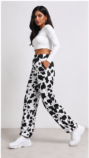 Women Black White Cow Print Pants – Stylish Wide Leg Casual Streetwear Trousers