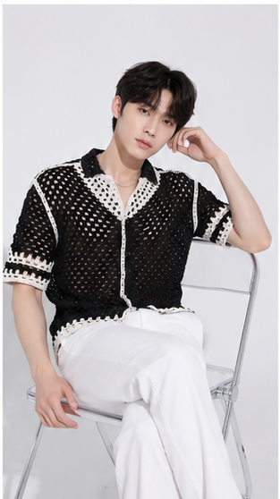 Men's Black Open Mesh Crochet Shirt – Premium Handmade Resort Wear Knit Shirt