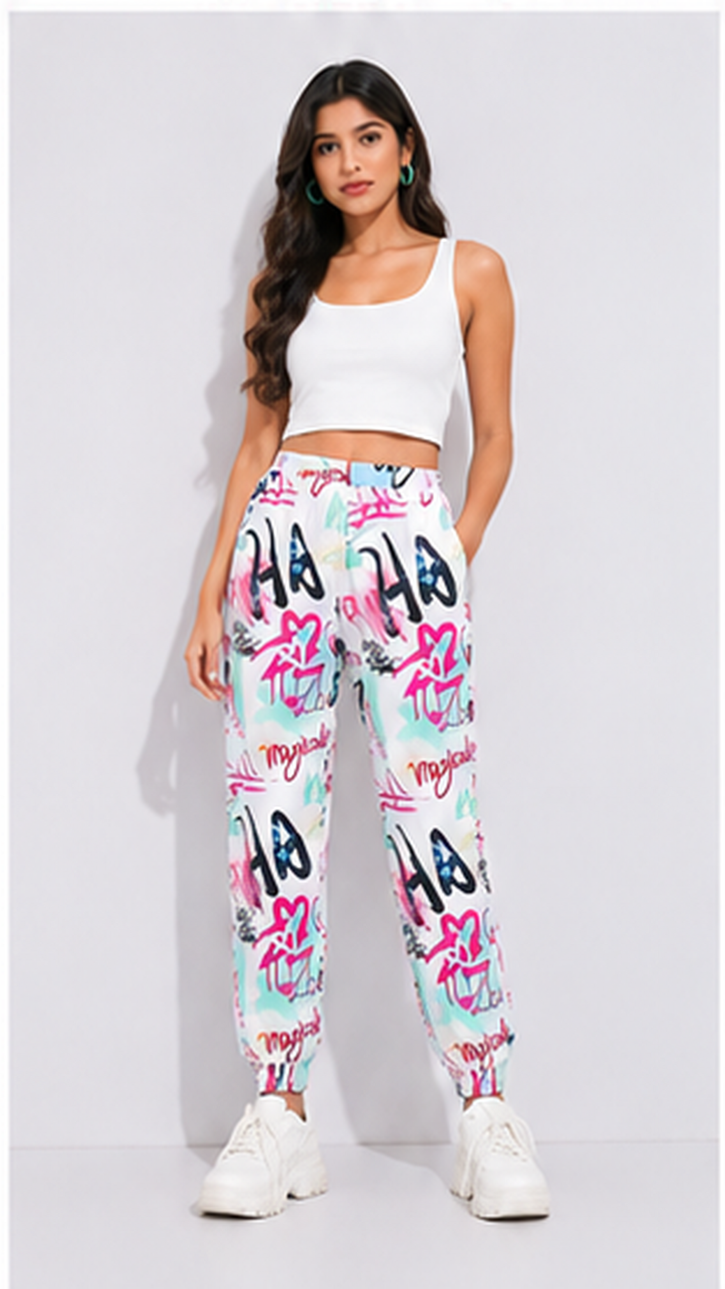 Women White Graffiti Printed Joggers – Stylish Casual Lounge & Streetwear Pants