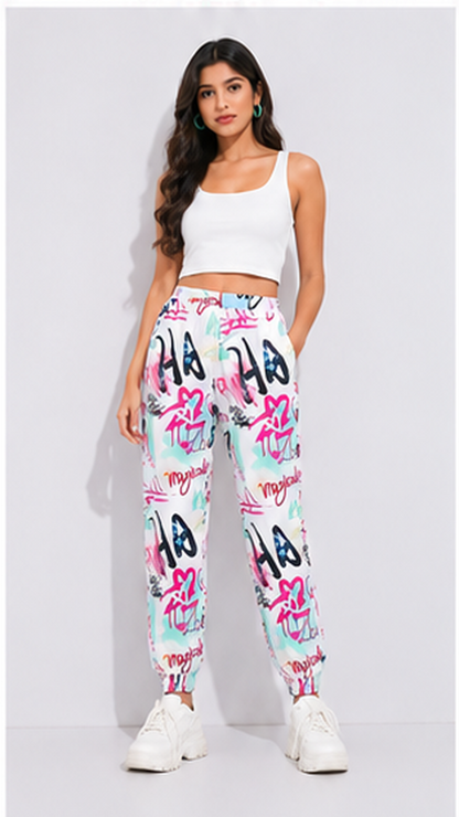 Women White Graffiti Printed Joggers – Stylish Casual Lounge & Streetwear Pants