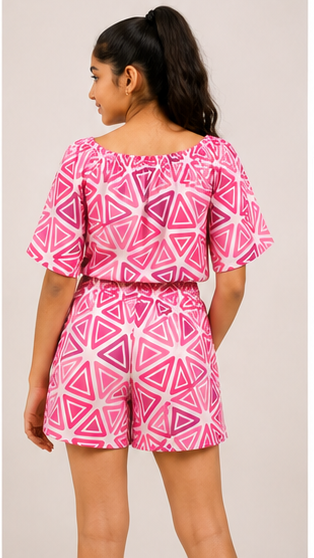Girls Pink Geometric Off-Shoulder Co-ord Set with Tie-Up Shorts