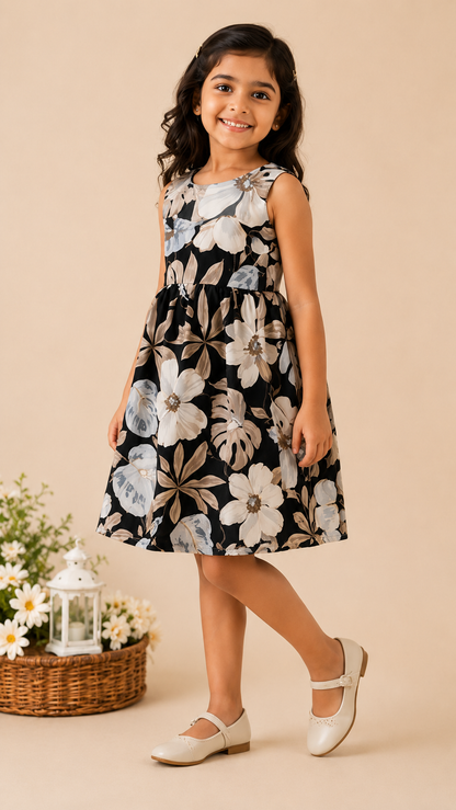 Girls Navy Blue & White Floral Print Fit & Flare Dress (Sleeveless)