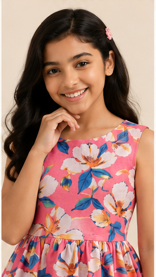 Girls Coral Pink Floral Print Fit & Flare Dress (Sleeveless)