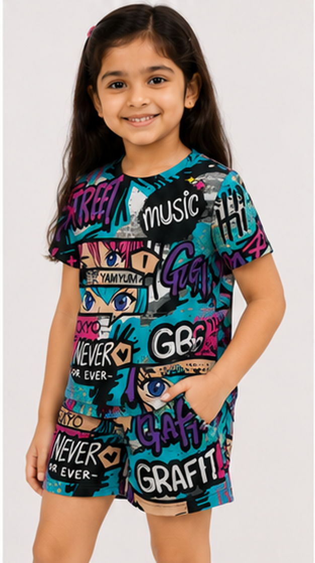 Urban Street Graffiti Print Kids Co-Ord Set – Trendy Graphic T-Shirt & Shorts for Girls