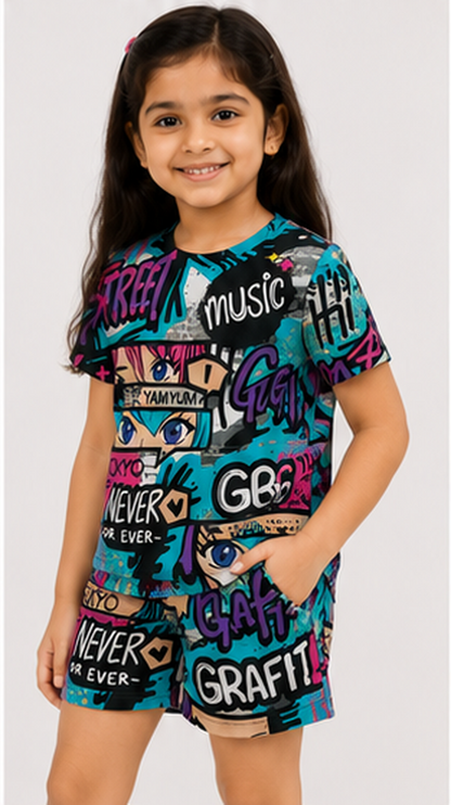 Urban Street Graffiti Print Kids Co-Ord Set – Trendy Graphic T-Shirt & Shorts for Girls