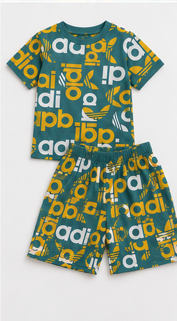 Teal Graphic Typography Kids Co-Ord Set – Bold Logo Style T-Shirt & Shorts for Girls