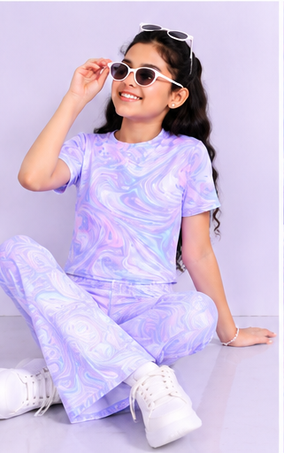 Girls Lavender Marble Co-Ord Set | Kids Crop Top & Flared Pants Outfit | Trendy Western Wear for Girls