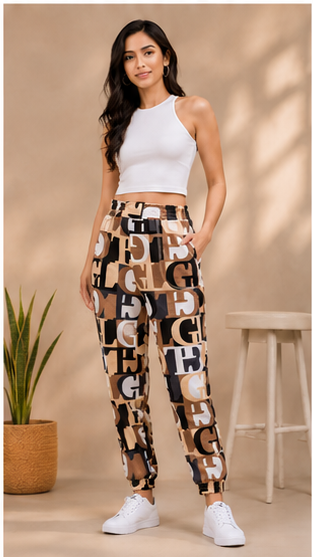 Women Brown Printed Joggers – Trendy Slim Fit Casual Streetwear & Lounge Pants