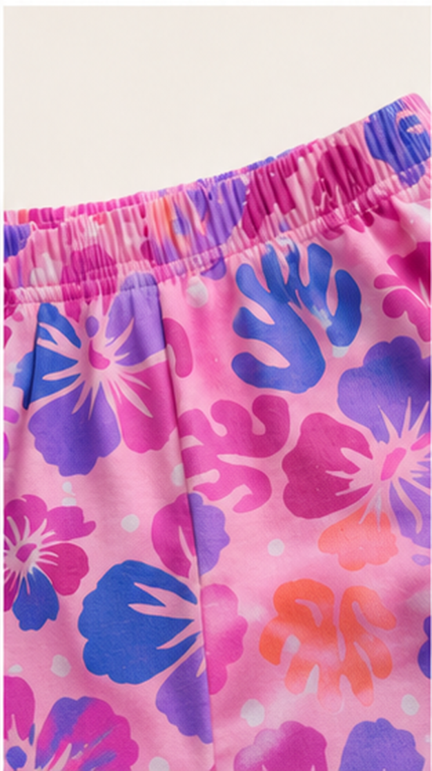Tropical Floral Kids Co-Ord Set – Pink & Purple Hibiscus Printed T-Shirt & Shorts for Girls