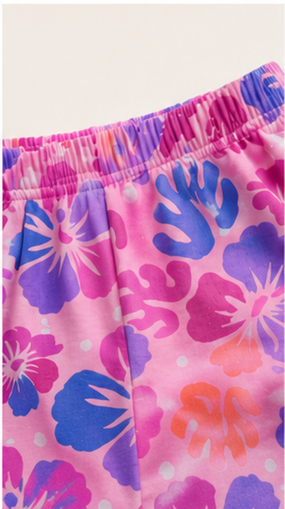 Tropical Floral Kids Co-Ord Set – Pink & Purple Hibiscus Printed T-Shirt & Shorts for Girls