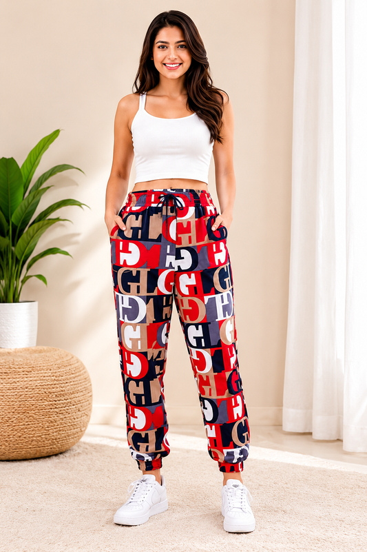 Women Red Printed Joggers – Stylish Typography Casual Lounge & Streetwear Pants