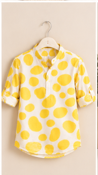 Boys White & Yellow Polka Dot Cotton Short Kurta Shirt – Trendy Summer Kidswear