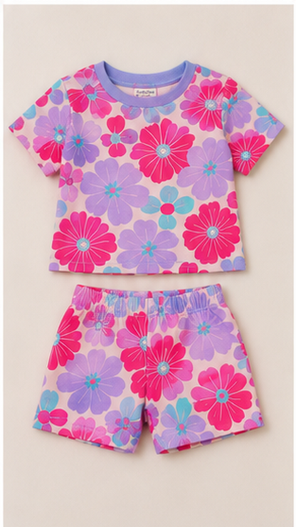Bold Floral Kids Co-Ord Set – Pink & Purple Flower Printed T-Shirt & Shorts for Girls