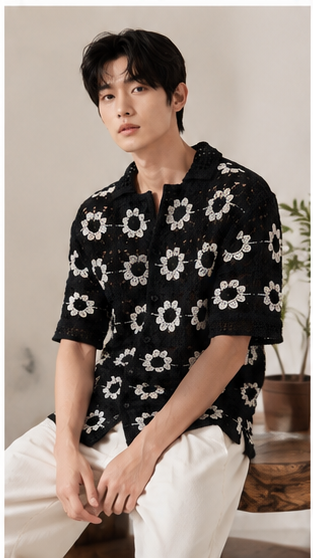 Men's Black Crochet Daisy Knit Shirt – Premium Handmade Floral Open Knit Resort Shirt
