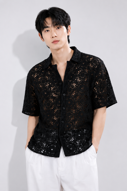 Men's Black Crochet Lace Knit Shirt – Premium Handmade Open Knit Resort Shirt