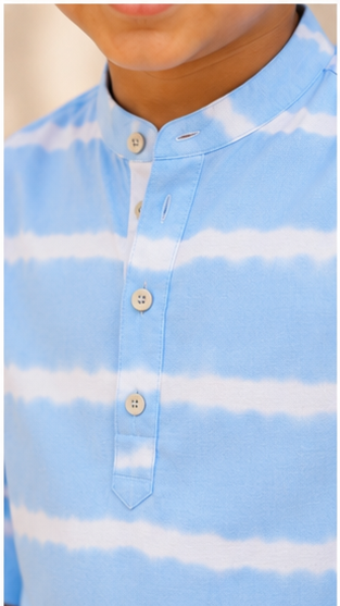 Boys Sky Blue Tie-Dye Striped Mandarin Collar Shirt (Full Sleeve)