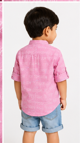 Boys Pink Typography Print Mandarin Collar Shirt (Full Sleeve)