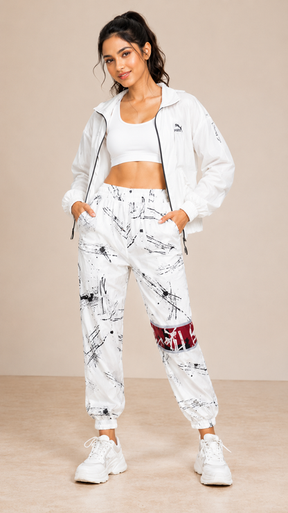 Women White Abstract Printed Joggers – Stylish Casual Lounge & Streetwear Pants