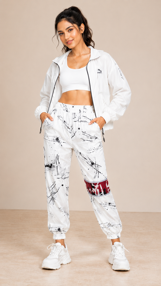 Women White Abstract Printed Joggers – Stylish Casual Lounge & Streetwear Pants