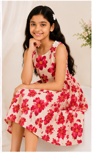 Girls Floral Fit & Flare Dress – Cream Base with Vibrant Pink Blossoms