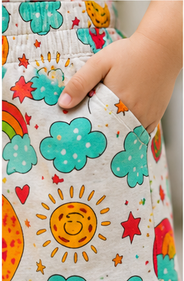 Rainbow Sky Balloon Print Kids Co-Ord Set – Cute Cloud & Sun Graphic T-Shirt & Shorts for Girls