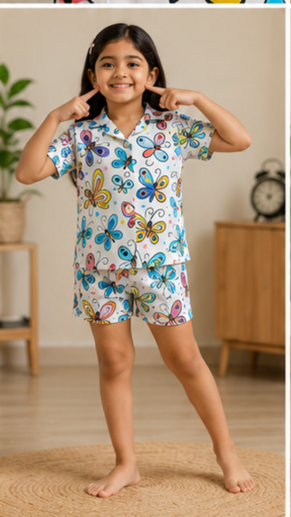 Butterfly Print Kids Co-Ord Set – Stylish Cotton Shirt & Shorts Set for Girls