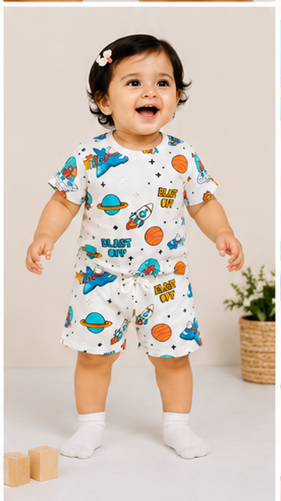 Space Rocket Print Kids Co-Ord Set – Blast Off Cotton T-Shirt & Shorts for Girls