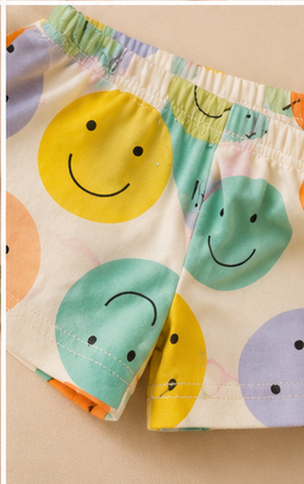 Happy Smiley Face Kids Co-Ord Set – Cute Printed Cotton T-Shirt & Shorts Set for Girls
